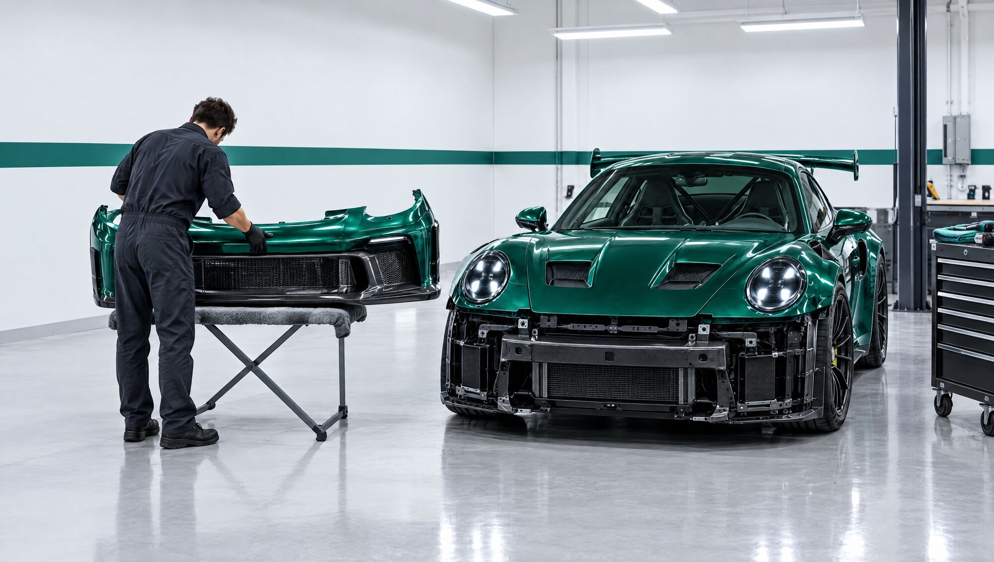 Emerald 911 in the collision bay with its front bumper being refitted