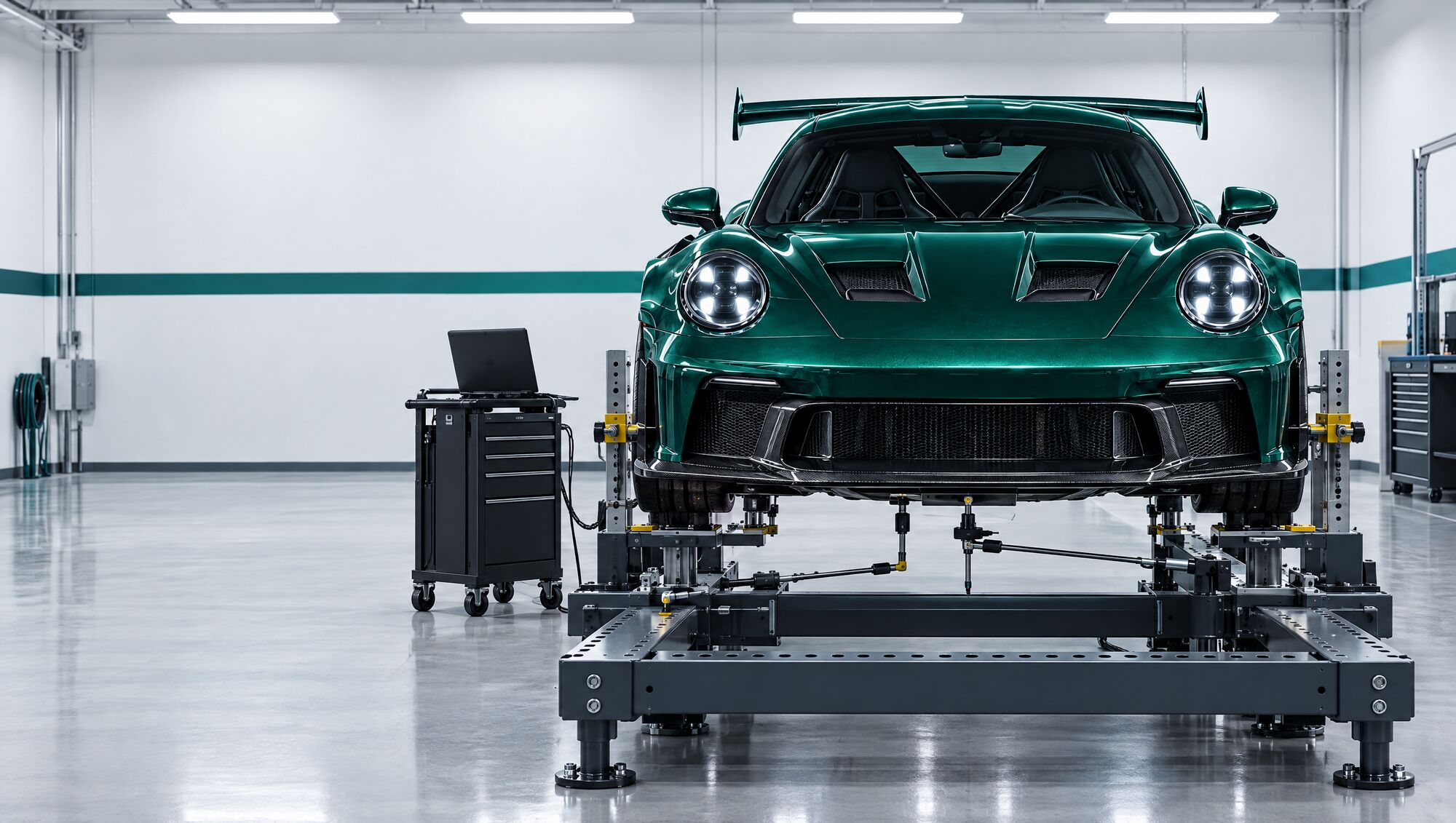 The 911 clamped on a frame straightening bench with measuring arms