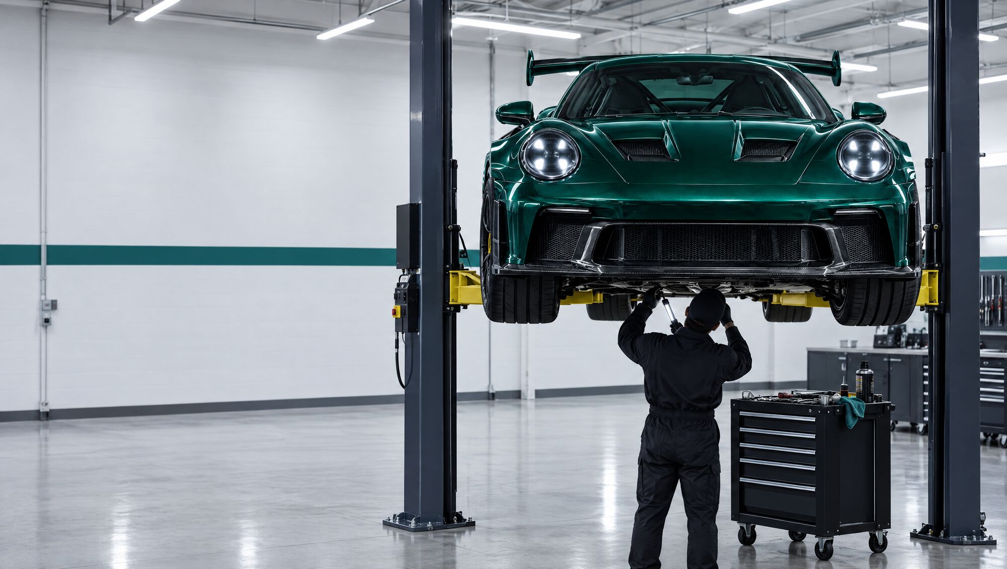 The 911 raised on a lift while a mechanic inspects underneath