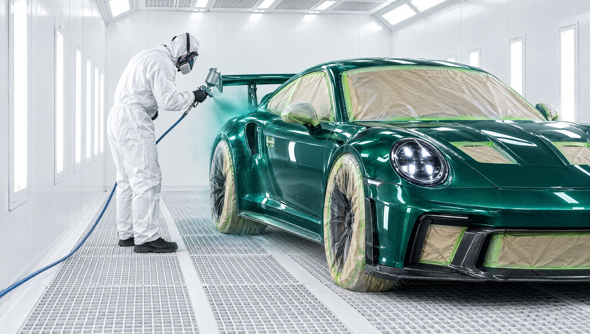 Painter spraying the 911 inside a bright paint booth